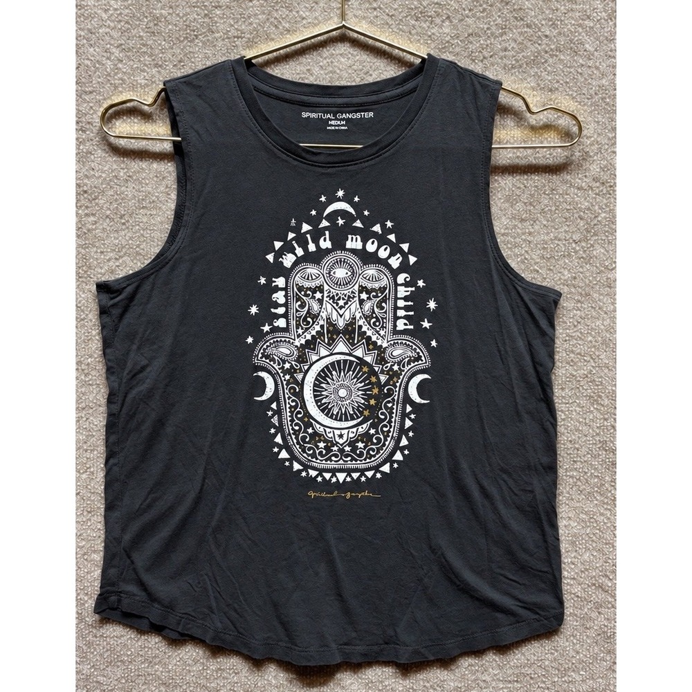 Spiritual Gangster Tank Top Women's Medium Gray Moon Child Ahimsa Peace Love EUC